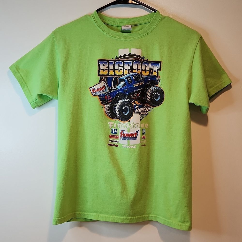 Gildan Tag Bigfoot Monster Truck T Shirt Youth Sz Large Neon Green EUC NICE!